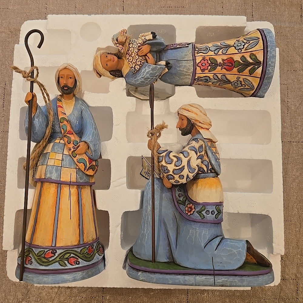Jim Shore "Bringing Praise" Set/3 Blue Shepherds Figurines ORIGINAL BOX